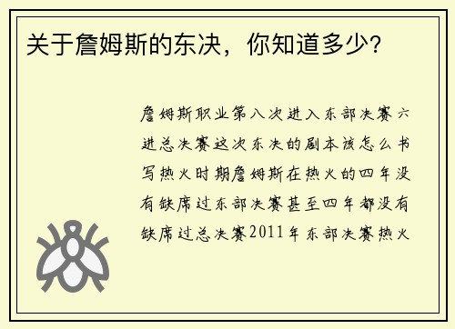 关于詹姆斯的东决，你知道多少？